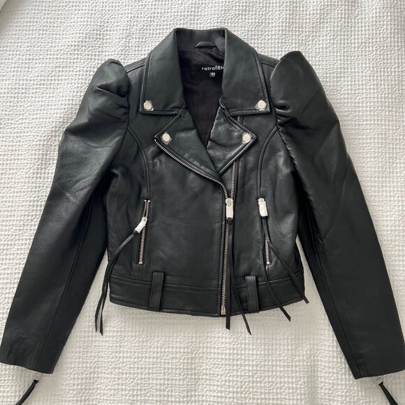 NWT Retrofête Tai Leather Jacket Black/Silver Puff Sleeve XS - Picture 6 of 13